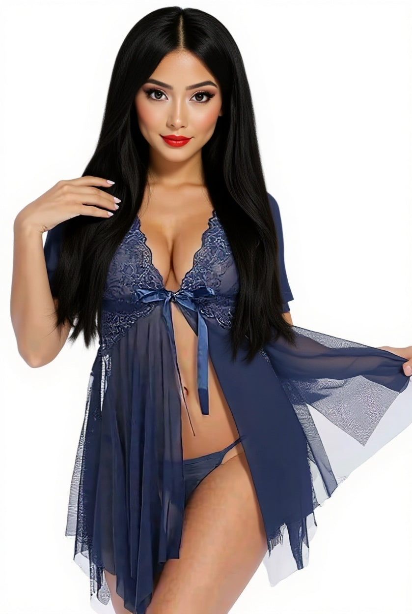 Lace Bodysuit & Sheer Skirt Set - Navy Blue