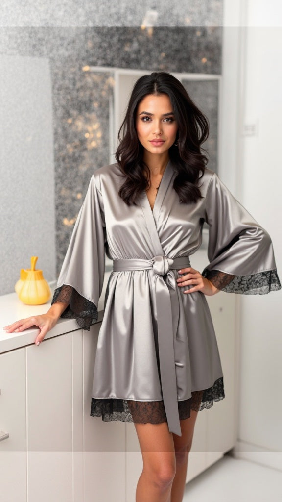 Transparent Satin & Lace Nightwear Set with Robe, Tie & Panty – Silver Gray