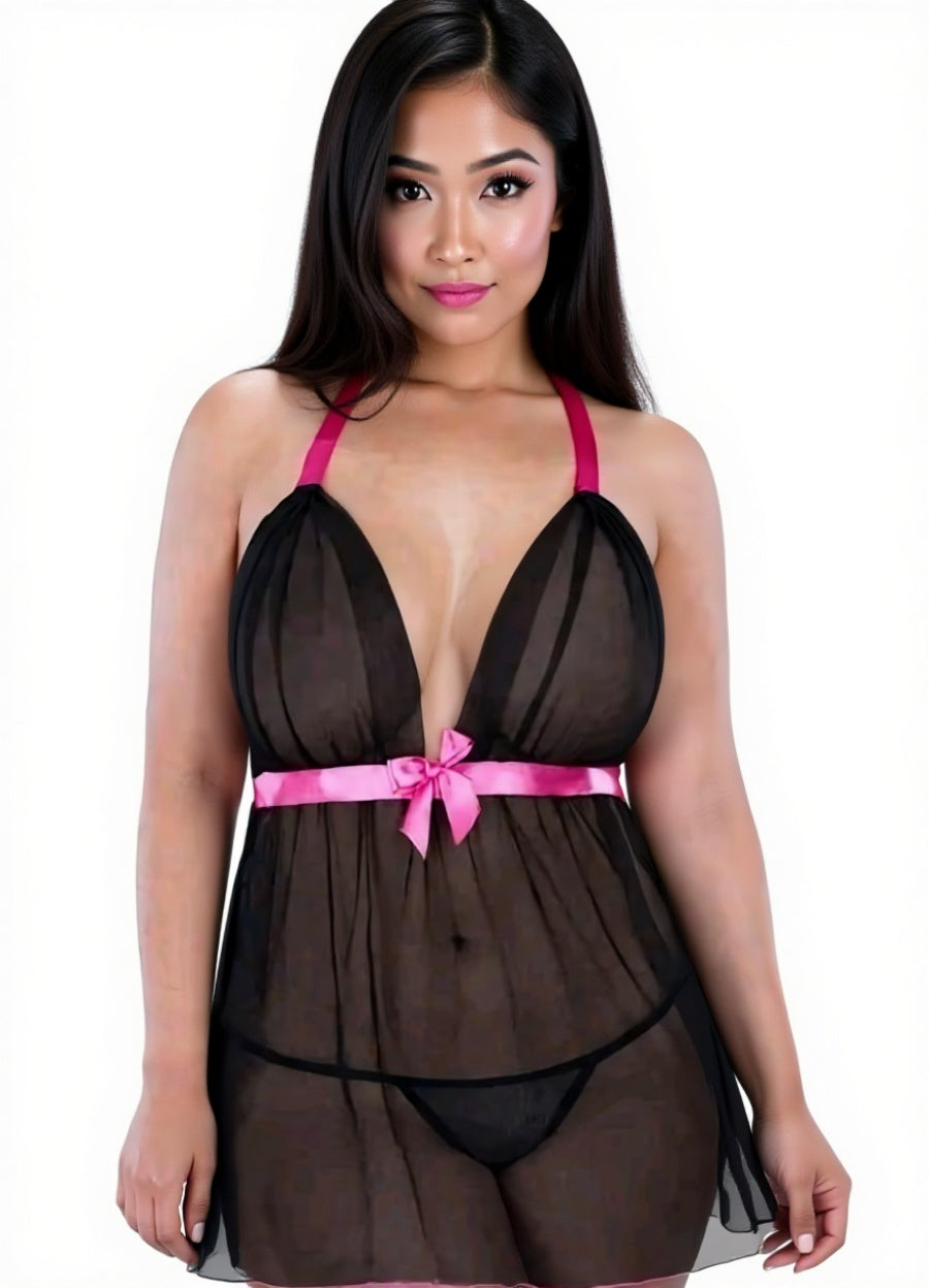 Lace & Mesh Halter Babydoll - Black