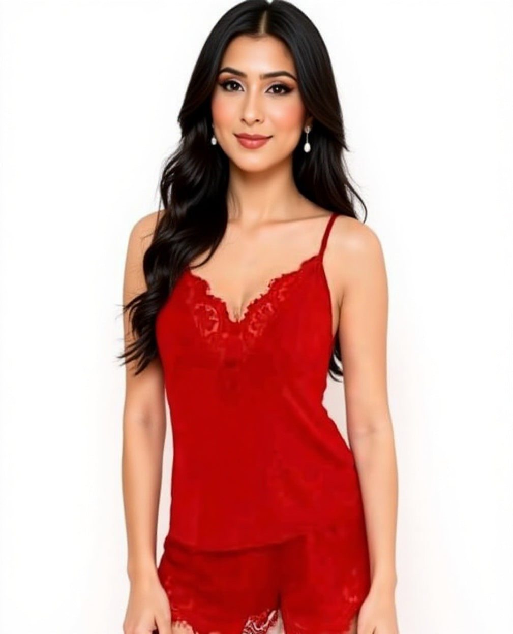 Elegant Lace Trim Slip Dress - Red
