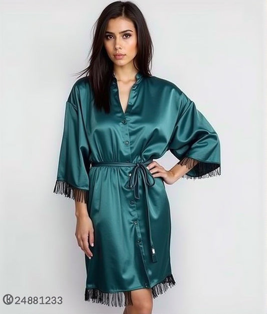 Transparent Satin & Lace Nightwear Set with Robe, Tie & Panty - Emerald Green