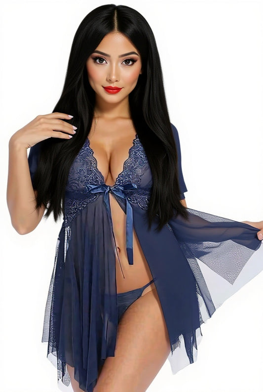 Lace Bodysuit & Sheer Skirt Set - Navy Blue