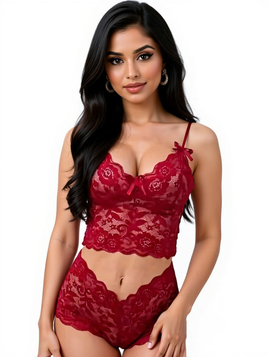 Lace Camisole & Shorts Lingerie Set - Maroon