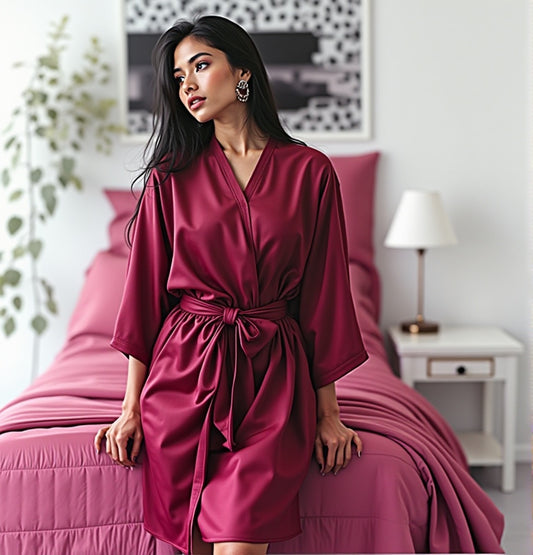 Transparent Satin & Lace Nightwear Set with Robe, Tie & Panty - Burgundy