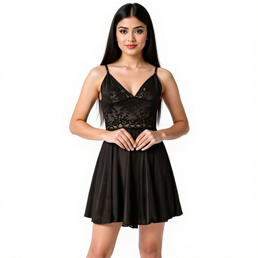 Satin Lace Babydoll Dress - Black