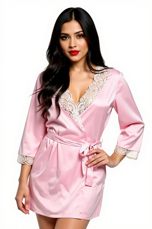 Transparent Satin & Lace Nightwear Set with Robe, Tie & Panty - Rose Pink