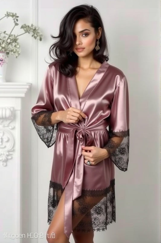 Transparent Satin & Lace Nightwear Set with Robe, Tie & Panty – Rose Pink