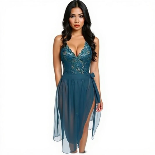 Lace Bodysuit & Sheer Skirt Set - Teal Green