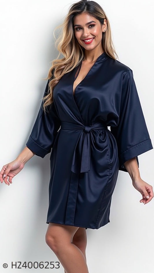 Transparent Satin & Lace Nightwear Set with Robe, Tie & Panty - Navy Blue
