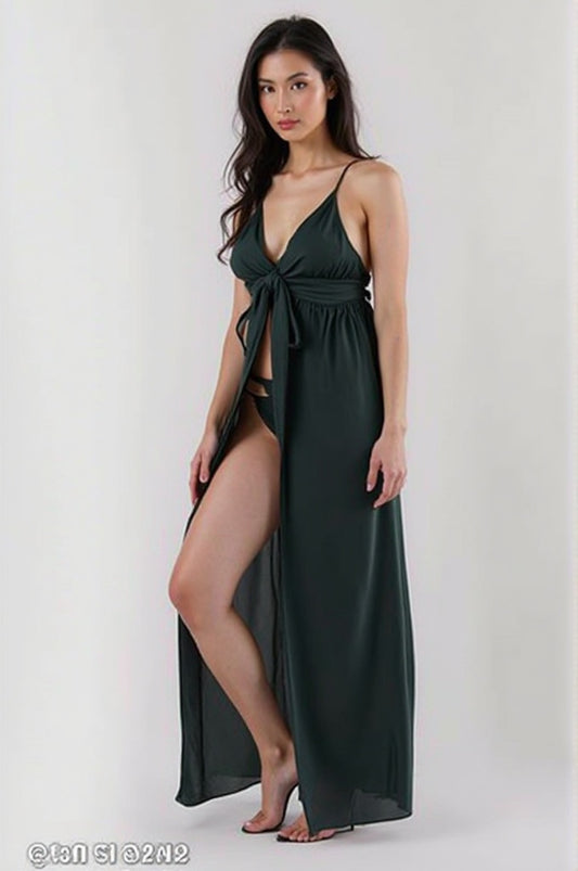 Satin Robe & Panty Set - Dark Green