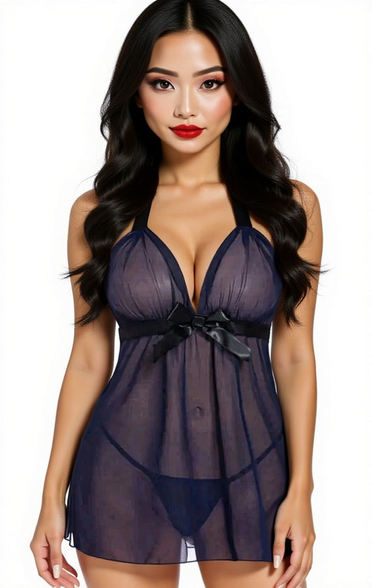 Lace & Mesh Halter Babydoll - Navy Blue