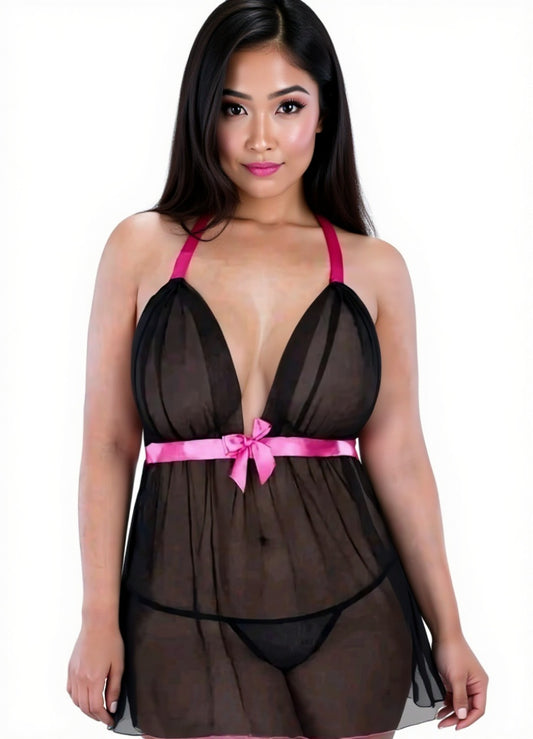 Lace & Mesh Halter Babydoll - Black