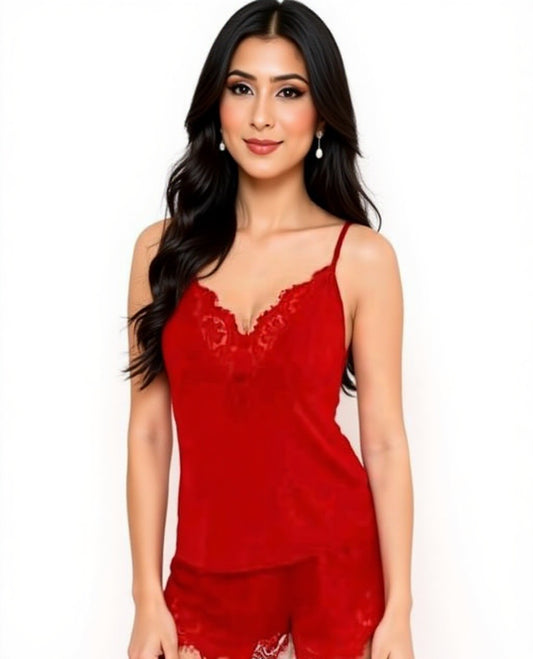 Elegant Lace Trim Slip Dress - Red