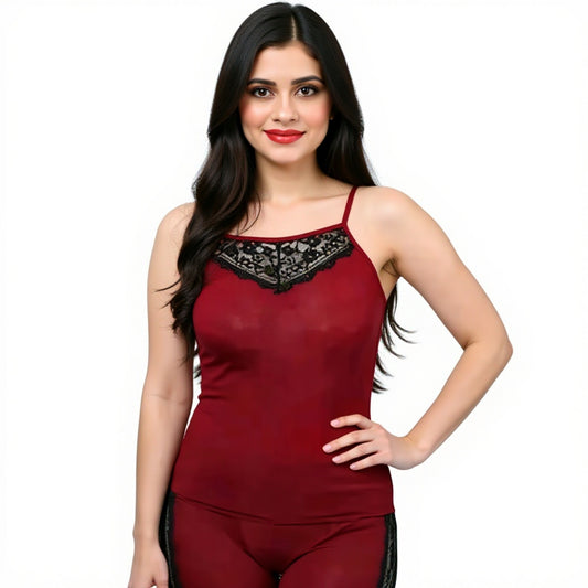 Elegant Lace Trim Slip Dress - Maroon