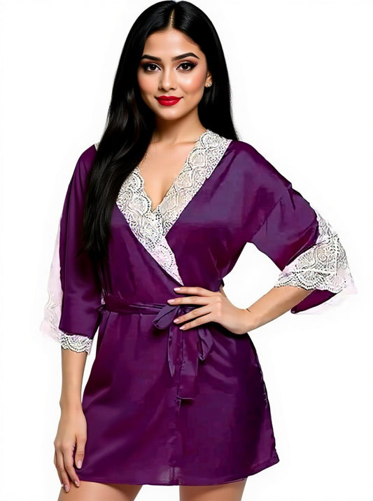 Transparent Satin & Lace Nightwear Set with Robe, Tie & Panty - Plum Purple