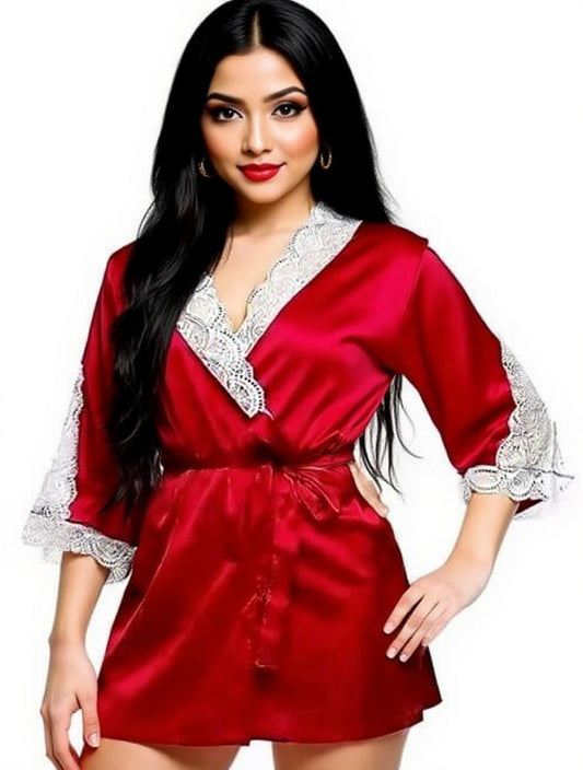 Transparent Satin & Lace Nightwear Set with Robe, Tie & Panty - Red